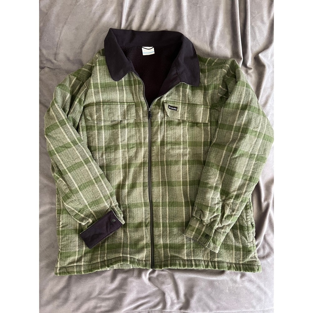 Columbia Mens Green Plaid Sherpa Lined Full Zip Shirt Heavy Jacket Size XL